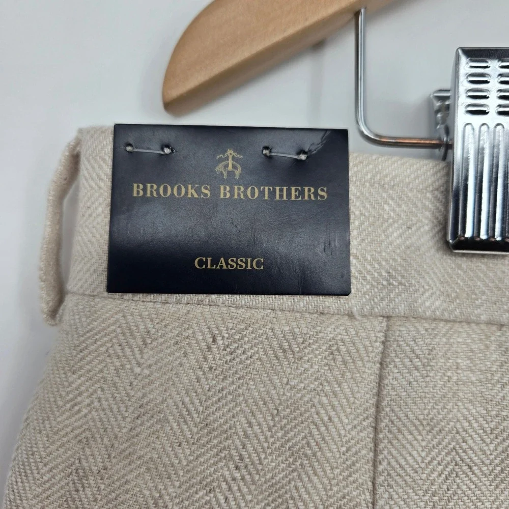 NWT $198 Brooks Brothers Classic Herringbone Linen Trousers Cream Mens 38x30